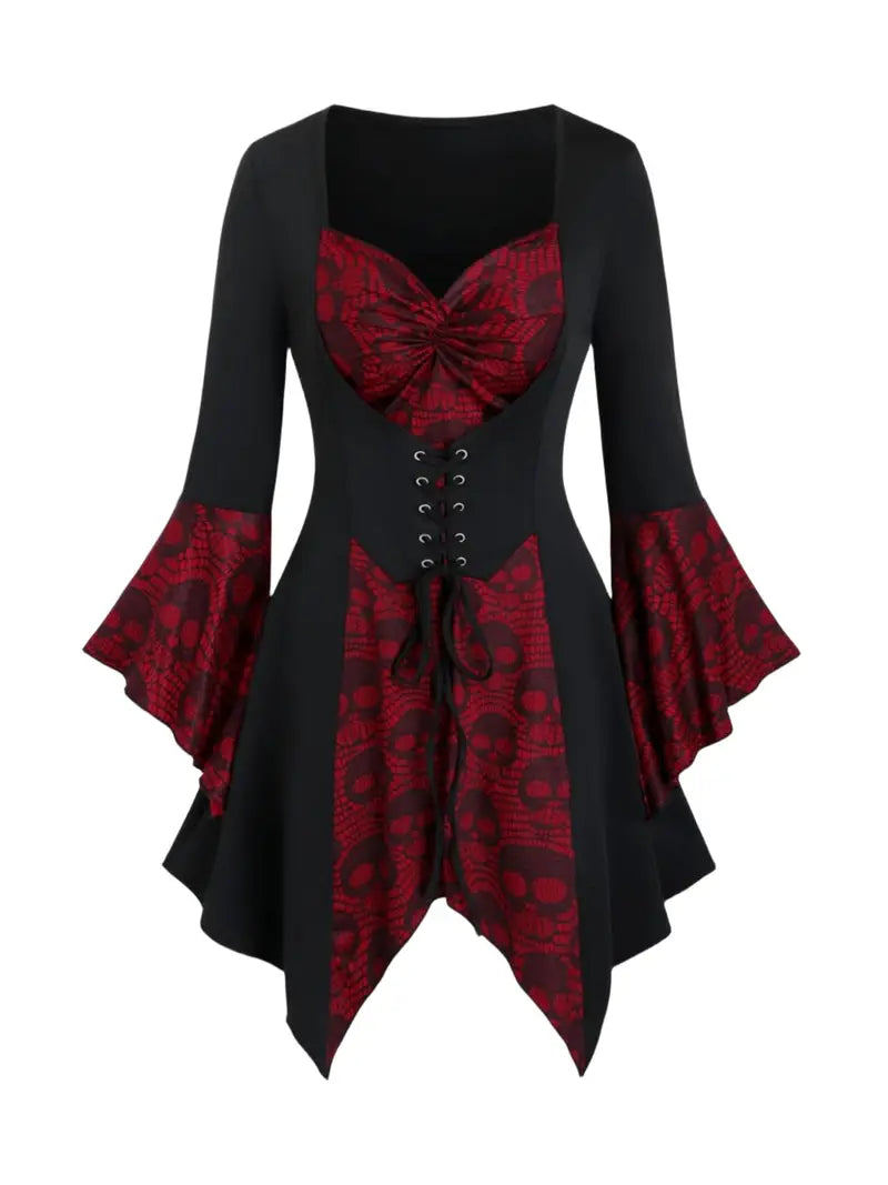 Women's Gothic Skull Print Top with Lace-Up Waist & Ruffled Bell Sleeves - Vintage Polyester, Machine Washable, Perfect for Halloween