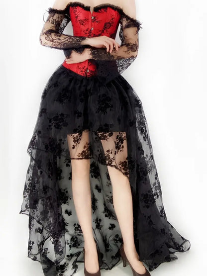 Cloudy.lee Steampunk Victorian dark gothic Off Shoulder Corset Top with High Low Skirt Halloween Costume Set (Top+Skirt)