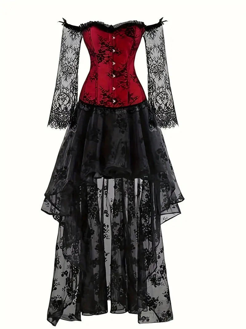 Cloudy.lee Steampunk Victorian dark gothic Off Shoulder Corset Top with High Low Skirt Halloween Costume Set (Top+Skirt)