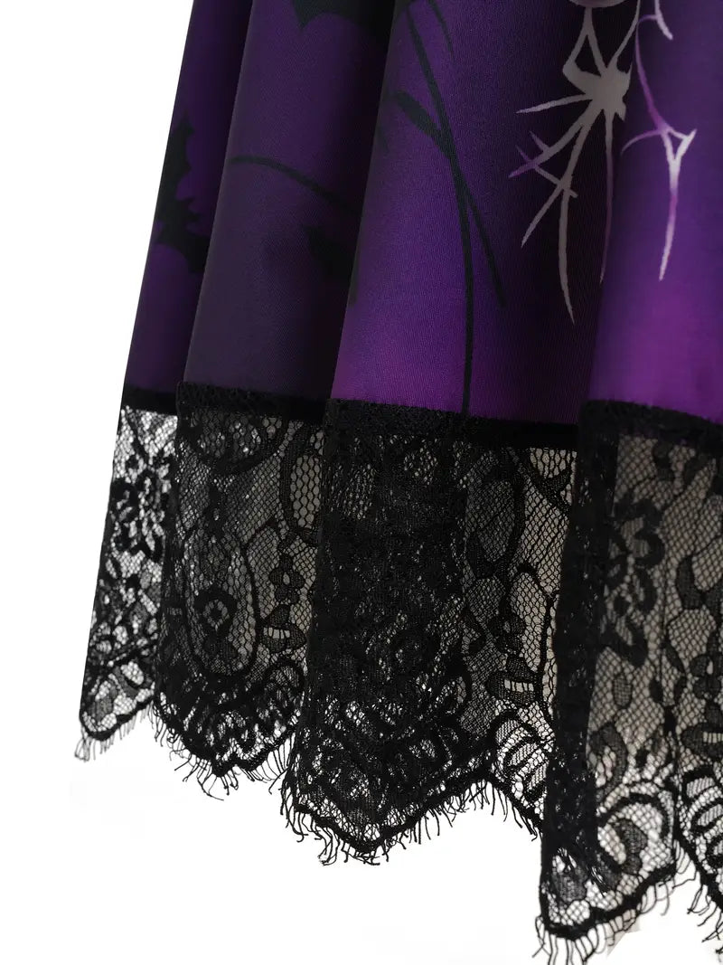 Vintage-Inspired Halloween Dress with Skull & Bat Design, Lace Trim, and High Waist - Perfect for Parties
