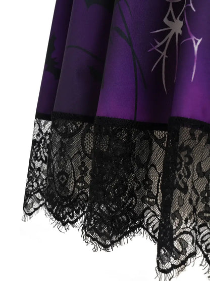 Vintage-Inspired Halloween Dress with Skull & Bat Design, Lace Trim, and High Waist - Perfect for Parties
