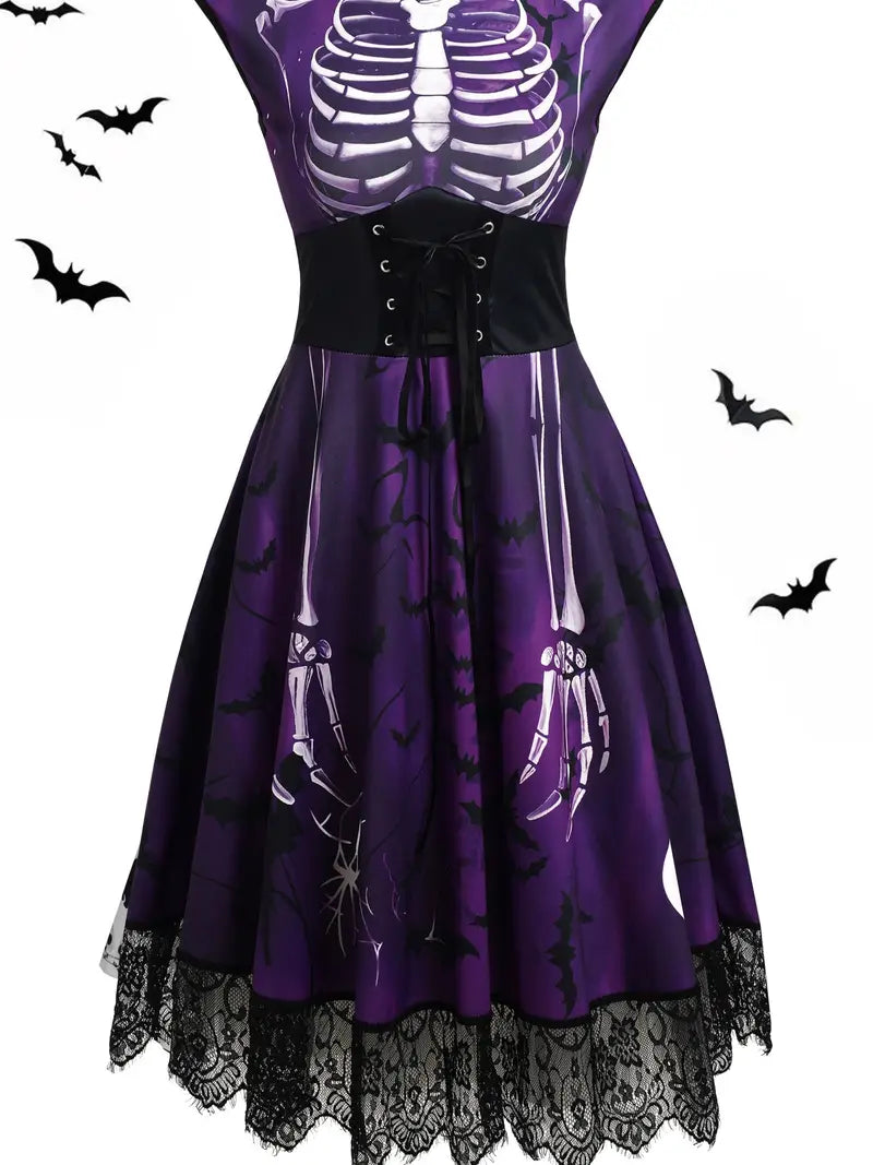 Vintage-Inspired Halloween Dress with Skull & Bat Design, Lace Trim, and High Waist - Perfect for Parties
