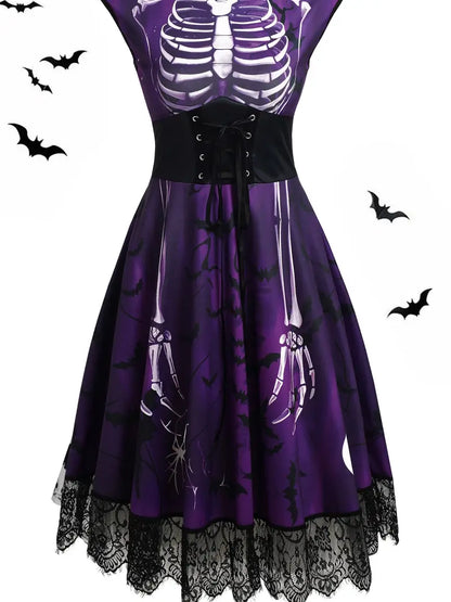 Vintage-Inspired Halloween Dress with Skull & Bat Design, Lace Trim, and High Waist - Perfect for Parties