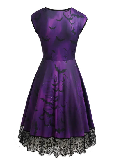 Vintage-Inspired Halloween Dress with Skull & Bat Design, Lace Trim, and High Waist - Perfect for Parties