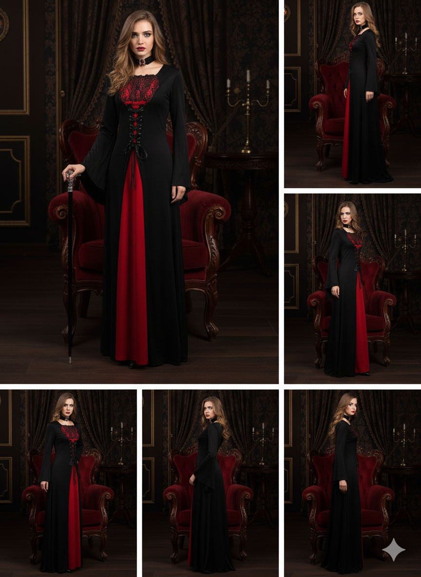 False Lace Dress with Laces for Halloween, Long Sleeve Dress for Vampire Cosplay, Women's Clothing, Carnival