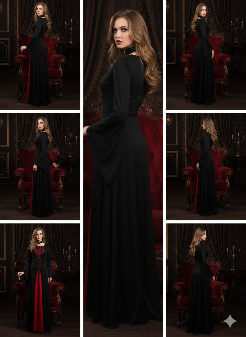 False Lace Dress with Laces for Halloween, Long Sleeve Dress for Vampire Cosplay, Women's Clothing, Carnival