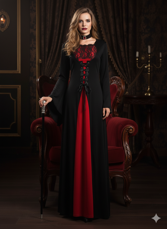 False Lace Dress with Laces for Halloween, Long Sleeve Dress for Vampire Cosplay, Women's Clothing, Carnival