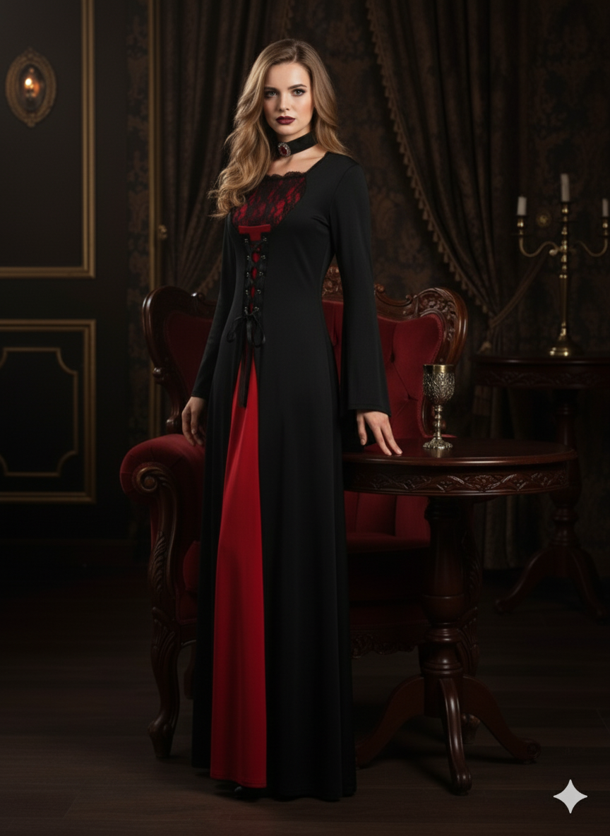 False Lace Dress with Laces for Halloween, Long Sleeve Dress for Vampire Cosplay, Women's Clothing, Carnival