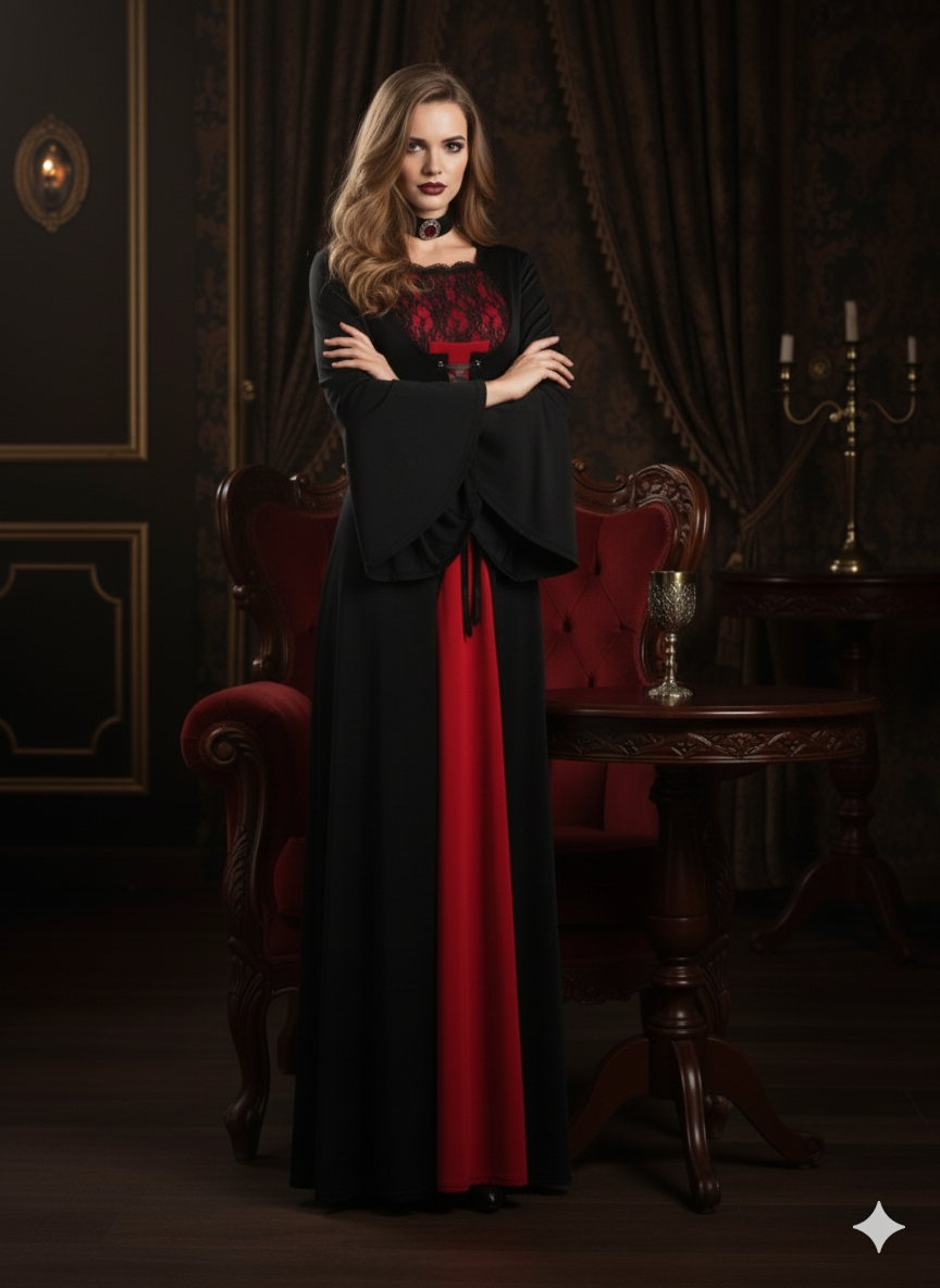 False Lace Dress with Laces for Halloween, Long Sleeve Dress for Vampire Cosplay, Women's Clothing, Carnival