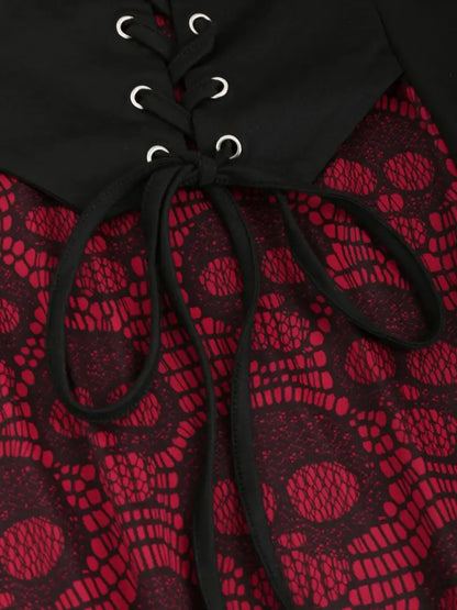 Women's Gothic Skull Print Top with Lace-Up Waist & Ruffled Bell Sleeves - Vintage Polyester, Machine Washable, Perfect for Halloween