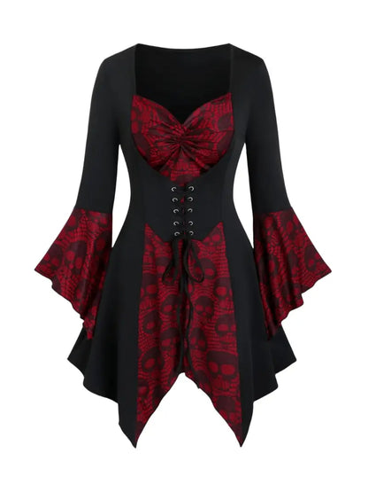 Women's Gothic Skull Print Top with Lace-Up Waist & Ruffled Bell Sleeves - Vintage Polyester, Machine Washable, Perfect for Halloween
