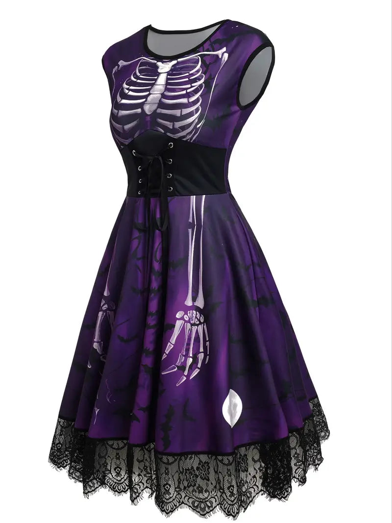 Vintage-Inspired Halloween Dress with Skull & Bat Design, Lace Trim, and High Waist - Perfect for Parties