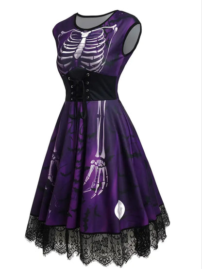 Vintage-Inspired Halloween Dress with Skull & Bat Design, Lace Trim, and High Waist - Perfect for Parties