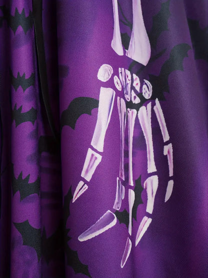 Vintage-Inspired Halloween Dress with Skull & Bat Design, Lace Trim, and High Waist - Perfect for Parties