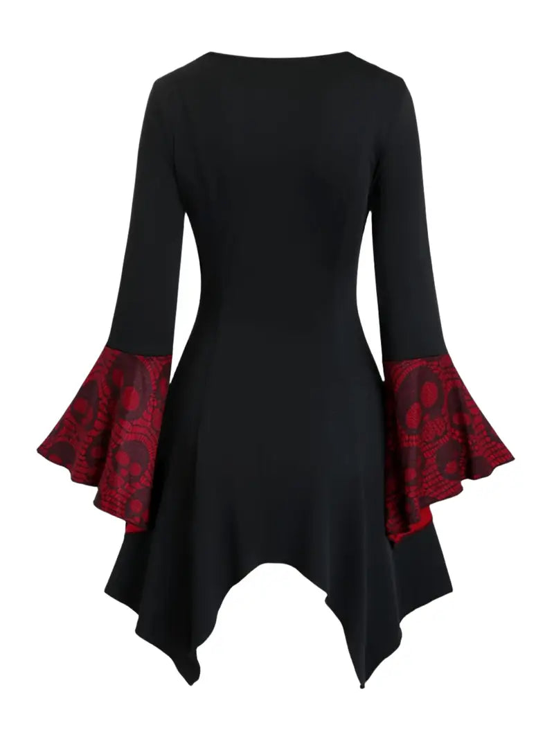 Women's Gothic Skull Print Top with Lace-Up Waist & Ruffled Bell Sleeves - Vintage Polyester, Machine Washable, Perfect for Halloween