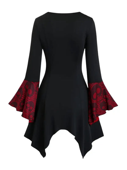 Women's Gothic Skull Print Top with Lace-Up Waist & Ruffled Bell Sleeves - Vintage Polyester, Machine Washable, Perfect for Halloween