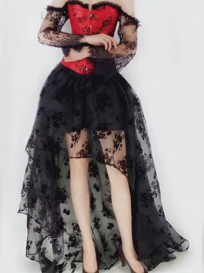Cloudy.lee Steampunk Victorian dark gothic Off Shoulder Corset Top with High Low Skirt Halloween Costume Set (Top+Skirt)