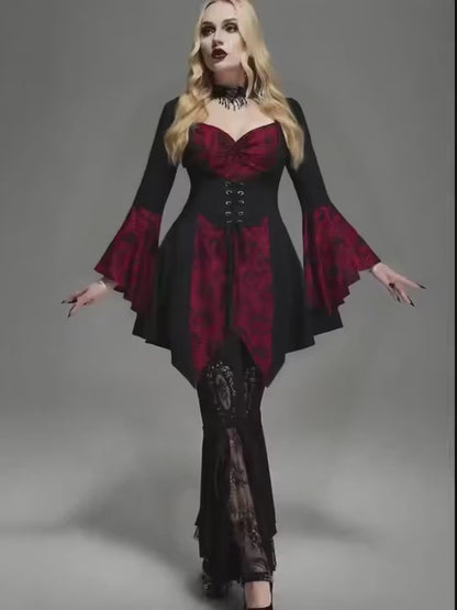 Women's Gothic Skull Print Top with Lace-Up Waist & Ruffled Bell Sleeves - Vintage Polyester, Machine Washable, Perfect for Halloween