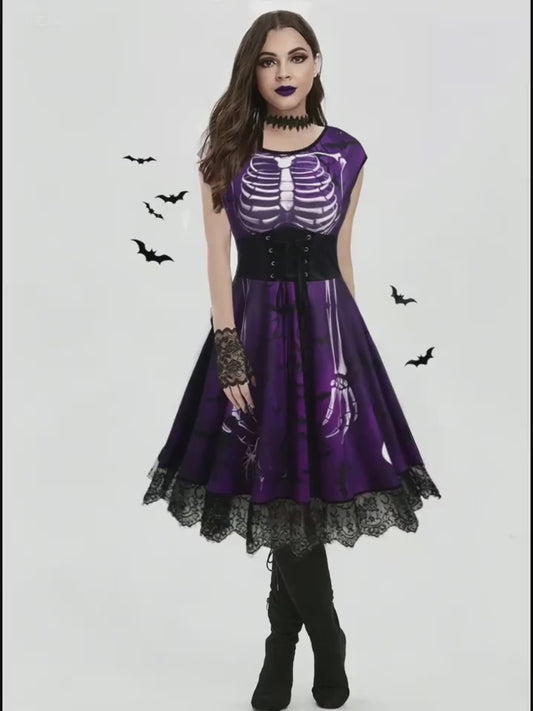 Vintage-Inspired Halloween Dress with Skull & Bat Design, Lace Trim, and High Waist - Perfect for Parties